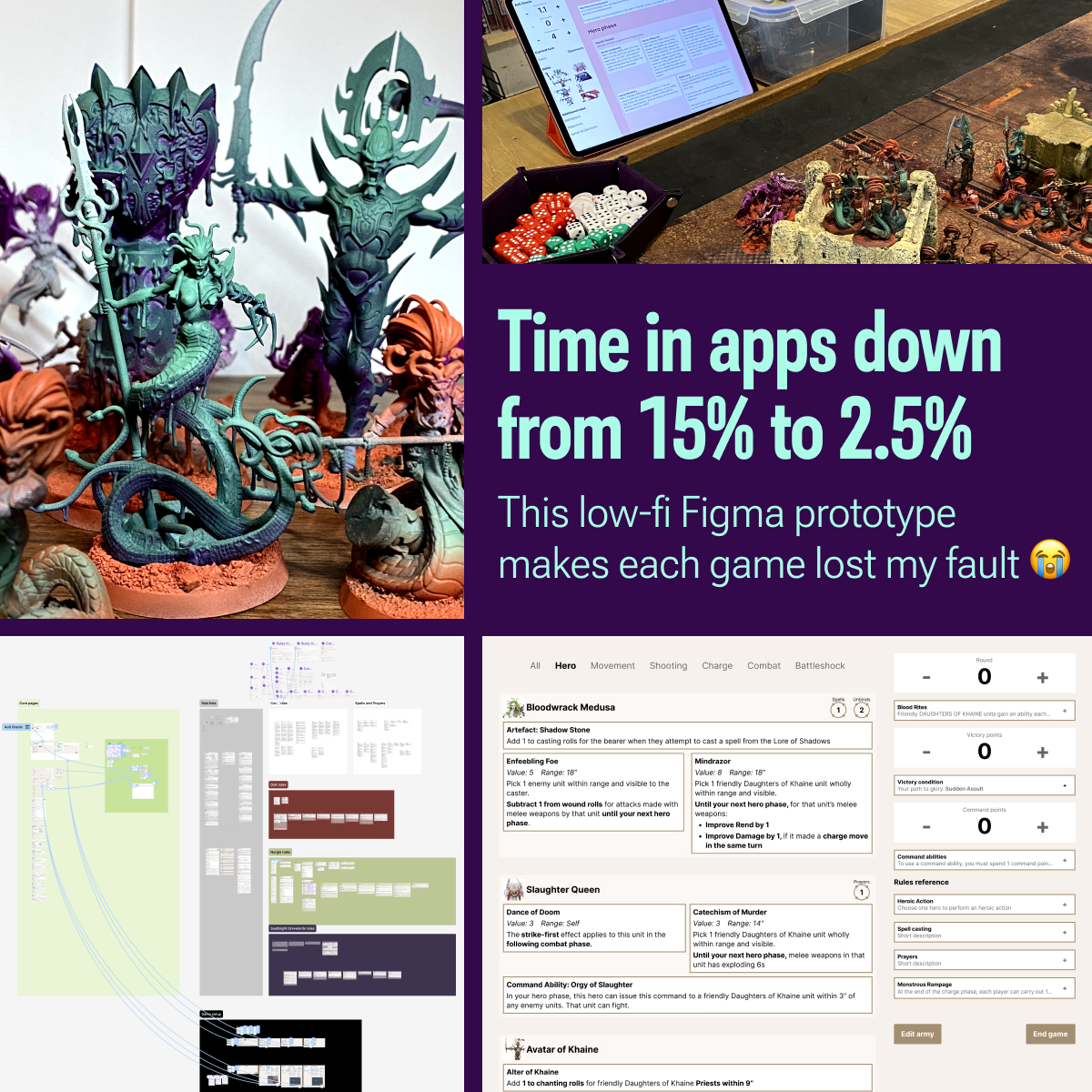 Personal project, decrease time spent in apps while playing tabletop games from 15% to 2.5%, through a low-fi Figma prototype.