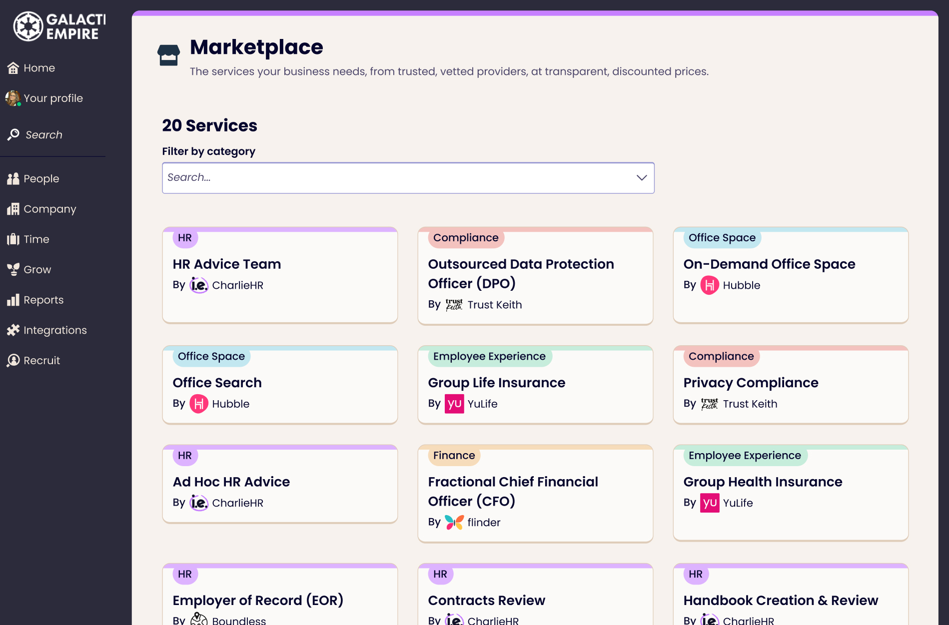 The marketplace lists services from our trusted partners